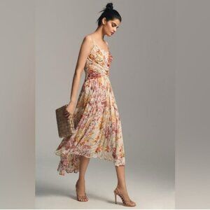 By Anthropologie Ruched Square Neck Midi Dress Floral Size 6 Cream Coquette Chic